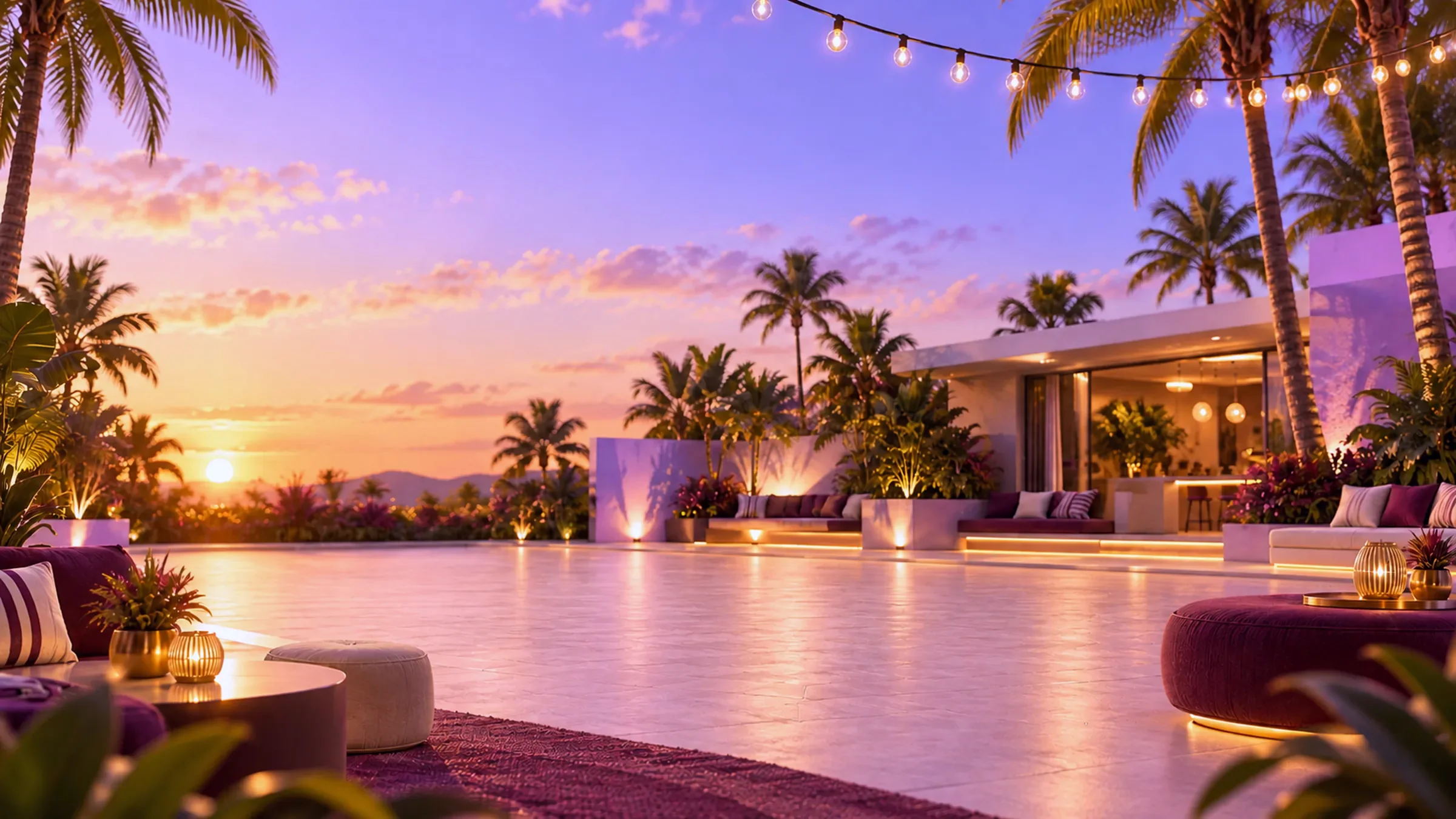 About hero — purple sunset terrace with palms and pool
