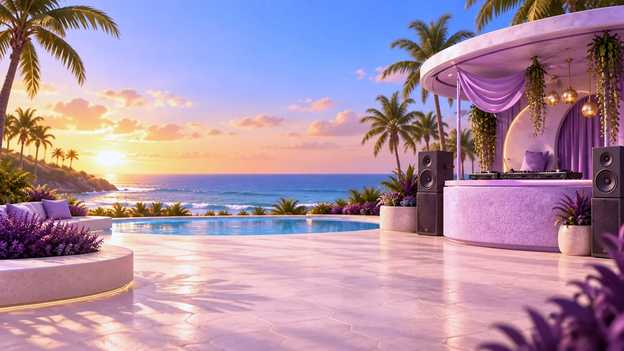 Events hero — DJ booth on a beach terrace at sunset