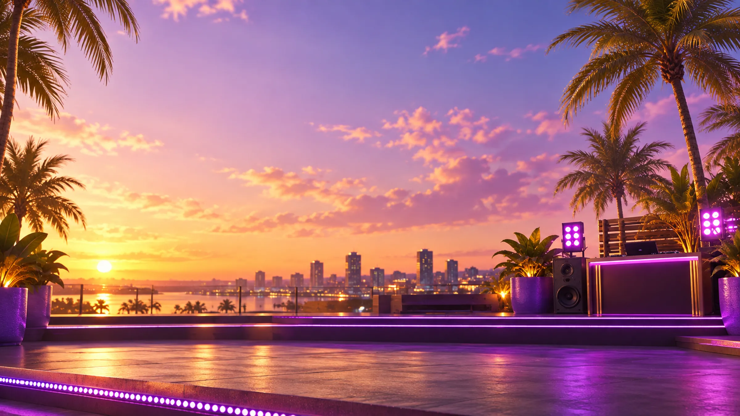 Music hero — poolside deck at sunset with city skyline