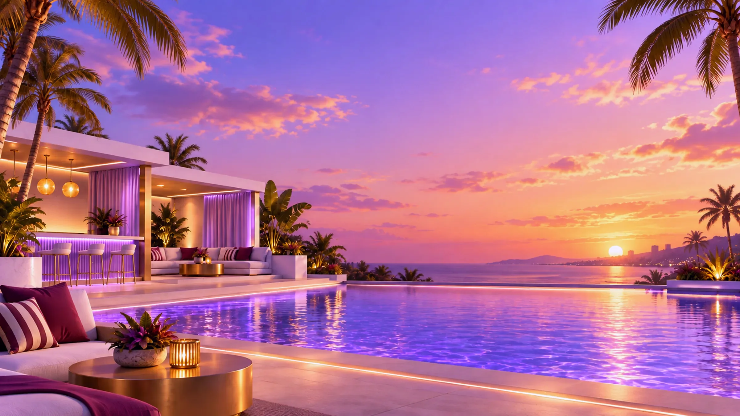 Partnerships hero — lounge terrace with pool at dusk